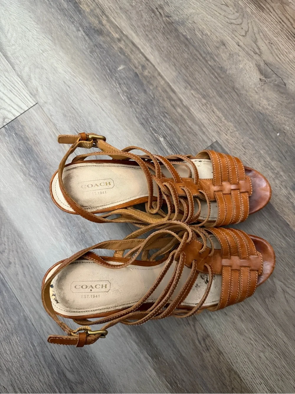 Coach Cognac Leather Strappy Wedge Sandals